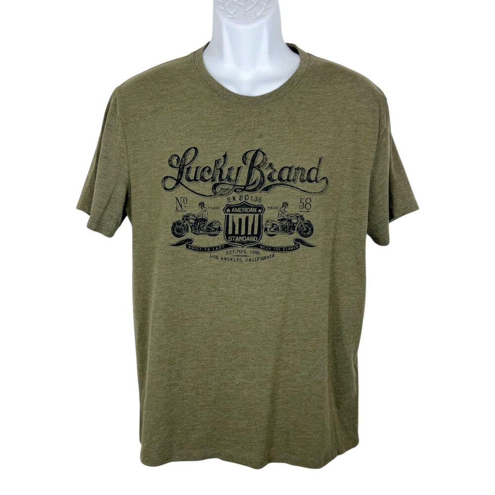 Lucky Brand Shirt Men Medium Green Spellout Graphic Short Sleeve Casual Tee